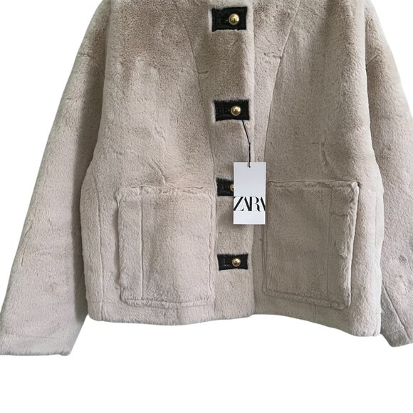 Zara Faux Fur Jacket ZW Collection – Ecru – Size Small – Metal Button Closure - Picture 8 of 8